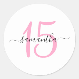 Personalized Pink 15th Birthday Classic Round Sticker