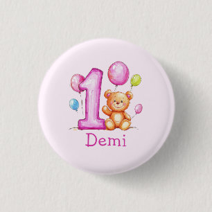 Personalized Pink 1st Birthday for Girls 1 Inch Round Button