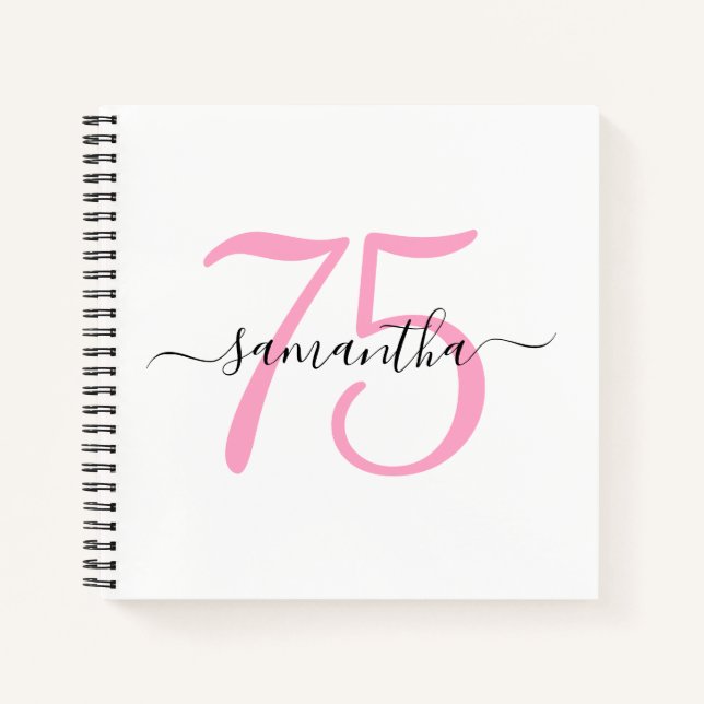Personalized Pink 75th Birthday Guestbook Notebook (Front)