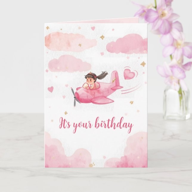Personalized Pink Airplane Birthday Card (Orchid)