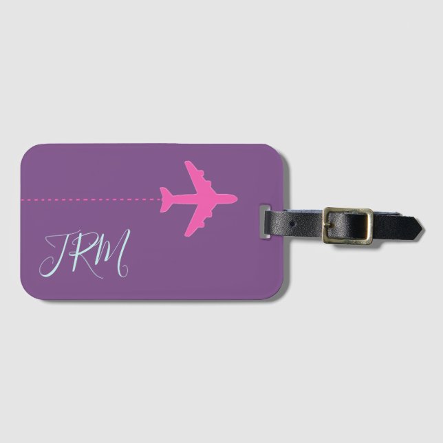 personalized pink airplane on purple monogrammed luggage tag (Front Horizontal)