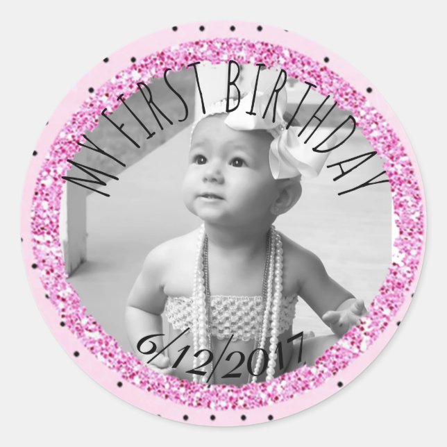 Personalized Pink and Black Birthday Photo Sticker (Front)