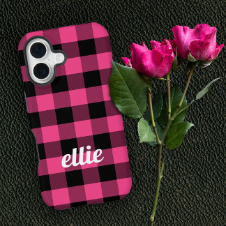 Personalized Pink and Black Buffalo Plaid iPhone 16 Case