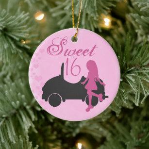 Personalized Pink and Black Car Sweet 16 Sixteen Ceramic Ornament