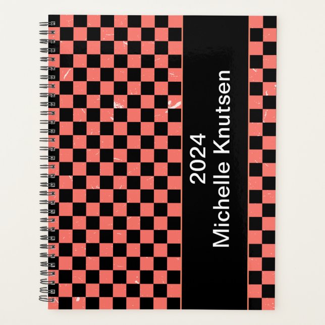 Personalized  pink and black Chequerboard  2024  Planner (Front)