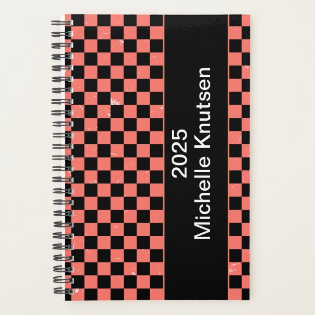 Personalized pink and black Chequerboard 2025      Planner (Front)