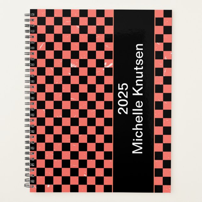 Personalized pink and black Chequerboard 2025      Planner (Front)