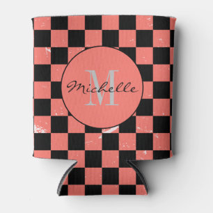 Personalized pink and black Chequerboard Pattern  Can Cooler
