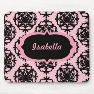 Personalized Pink and Black Damask Mousepad
