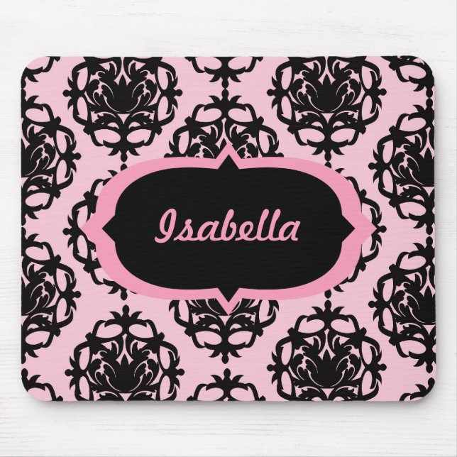 Personalized Pink and Black Damask Mousepad (Front)