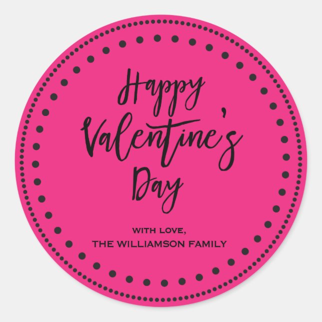 Personalized Pink and Black Happy Valentine's Day Classic Round Sticker (Front)