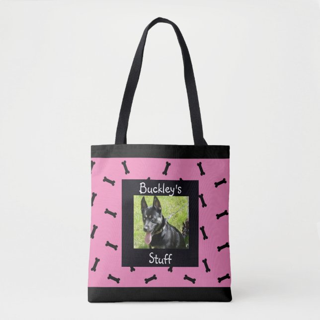 Personalized Pink and Black Pet Photo Dog Bone Tote Bag (Front)