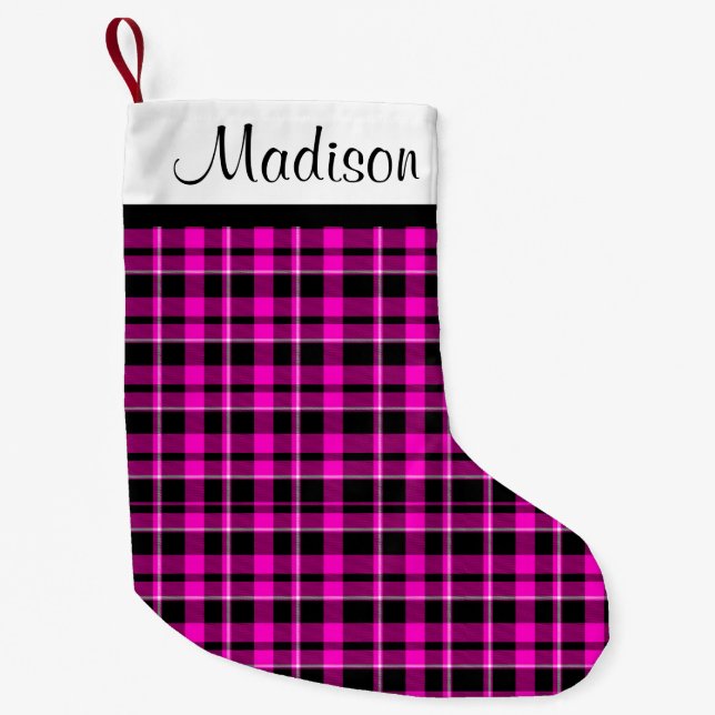 Personalized Pink and Black Plaid Tartan Small Christmas Stocking (Front)