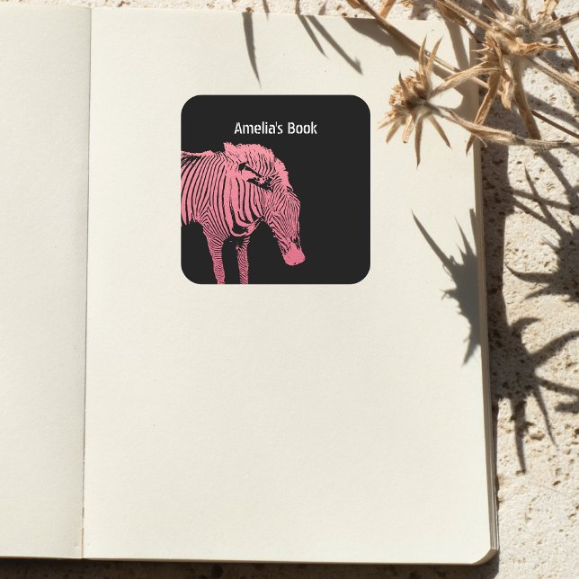 Personalized Pink and black Zebra Bookplate  Square Sticker (Creator Uploaded)