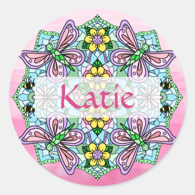 Personalized Pink and Blue Butterfly Mandala Classic Round Sticker (Front)