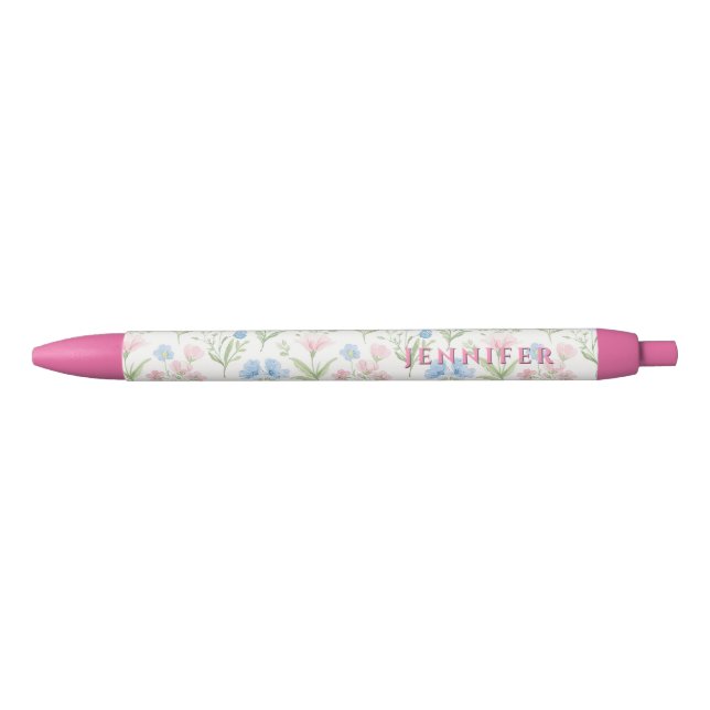 Personalized Pink and Blue Grandmillennial Floral Red Ink Pen (Front)