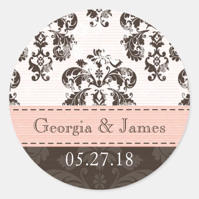 Personalized Pink and Brown Damask Wedding Seals (Front)