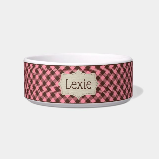 Personalized Pink and Brown Plaid Pet Bowl (Front)
