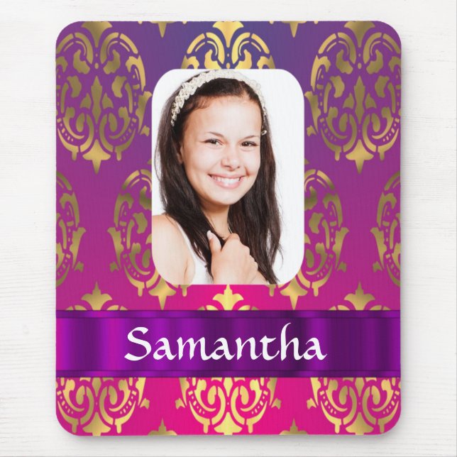 Personalized pink and gold damask pattern mouse pad (Front)
