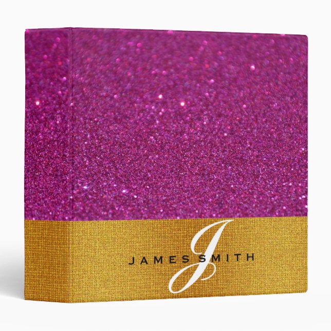 Personalized Pink and Gold Faux Confetti Glitter 3 Binder (Front/Spine)
