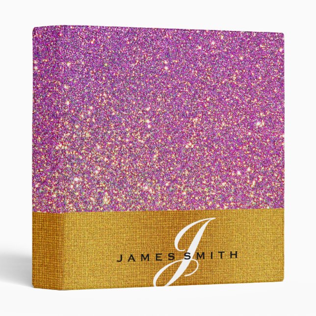 Personalized Pink and Gold Faux Confetti Glitter Binder (Front/Spine)