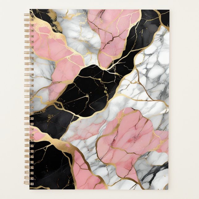 Personalized Pink and Gold Marble Print Planner (Front)