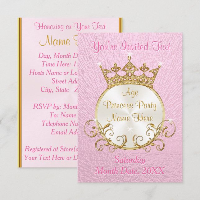 Personalized Pink and Gold Princess Invitations (Front/Back)