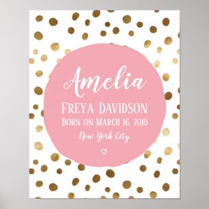 Personalized Pink and gold spot birth poster print