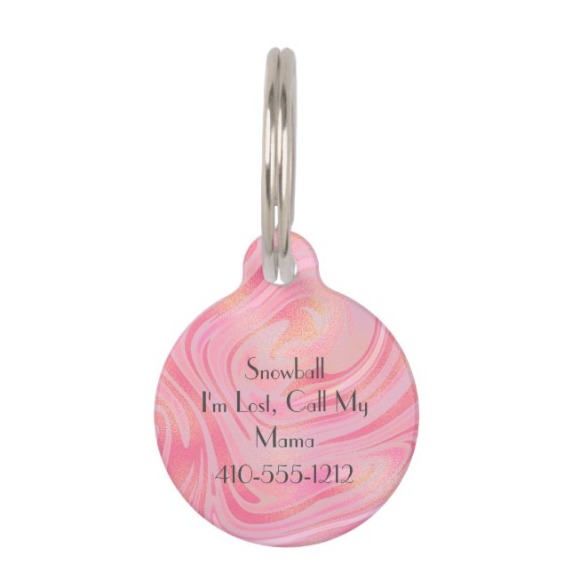 Personalized Pink and Gold Swirl Marble Pet Tag (Front)