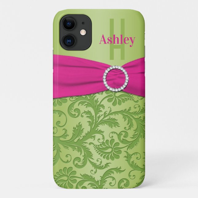 Personalized Pink and Green Damask Case-Mate iPhone Case (Back)