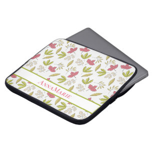 Personalized Pink and Green Leaf Pattern Laptop Sleeve