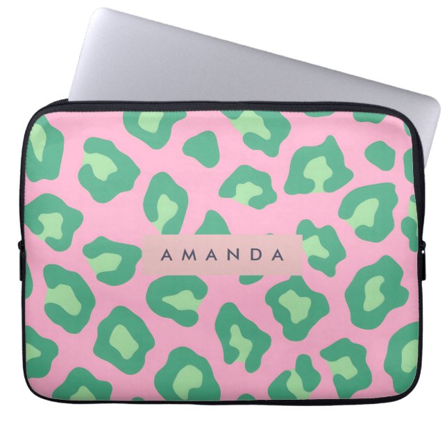 Personalized Pink and Green Leopard Print Laptop Sleeve (Front)