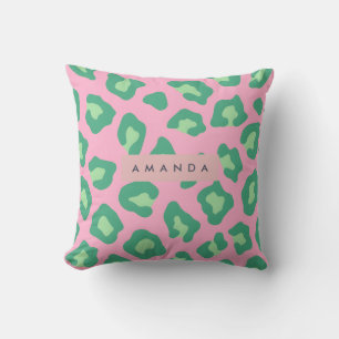 Personalized Pink and Green Leopard Print Throw Pillow