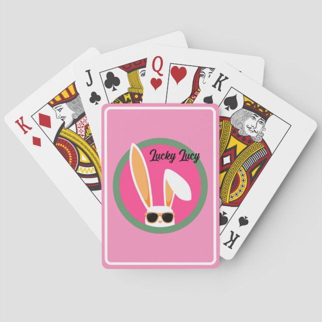 Personalized Pink and Green Lucky White Rabbit Playing Cards (Back)