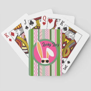 Personalized Pink and Green Lucky White Rabbit Playing Cards