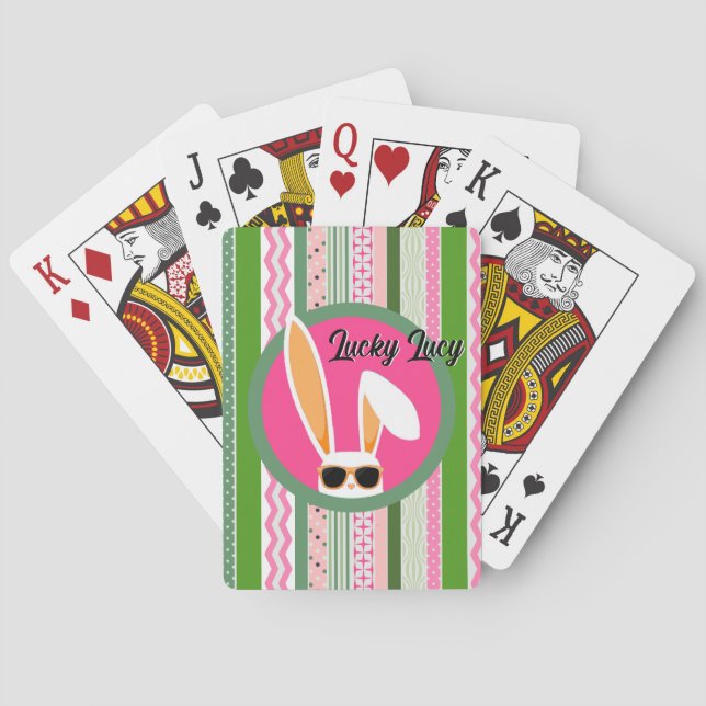 Personalized Pink and Green Lucky White Rabbit Playing Cards (Back)