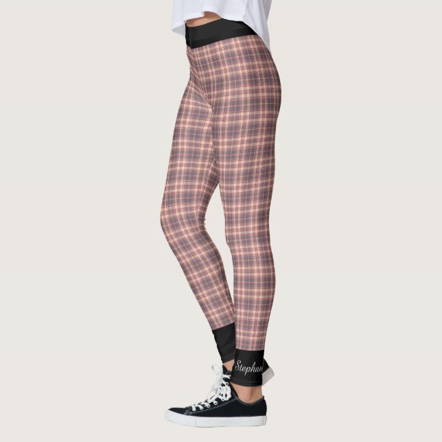 Personalized Pink and Grey Plaid with Black Trim Leggings (Left)