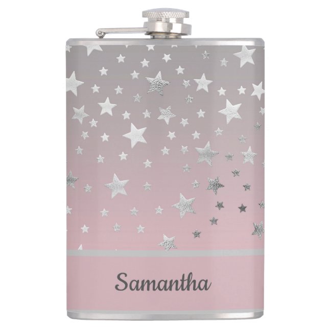 Personalized Pink And Grey Stars Stylish Chic  Hip Flask (Front)