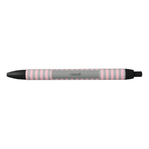Personalized Pink and Grey Stripes Pattern Black Ink Pen