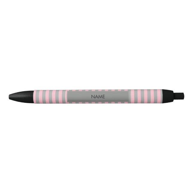 Personalized Pink and Grey Stripes Pattern Black Ink Pen (Front)