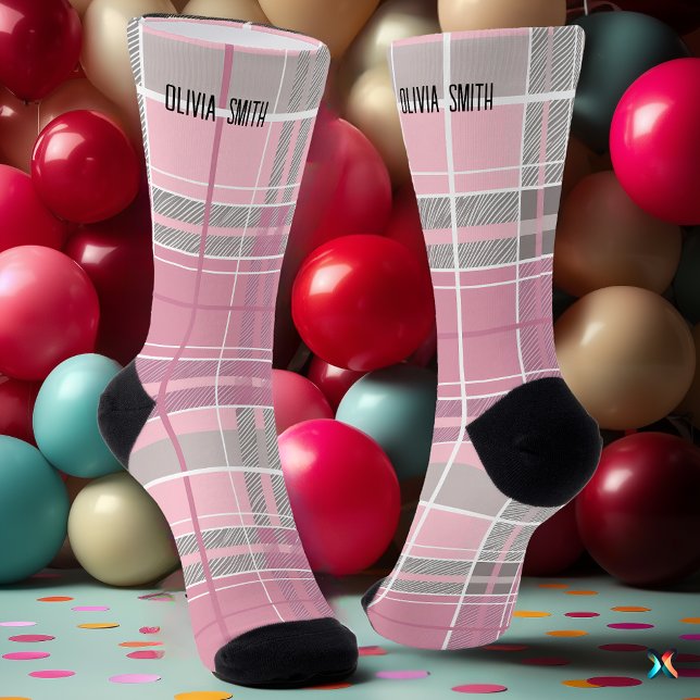 Personalized Pink and Grey Tartan Plaid Custom Socks (Creator Uploaded)