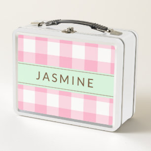 Personalized Pink and Mint Gingham Metal Lunchbox