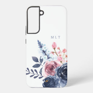 Personalized Pink And Navy Blue Floral Monogram Samsung Galaxy Case