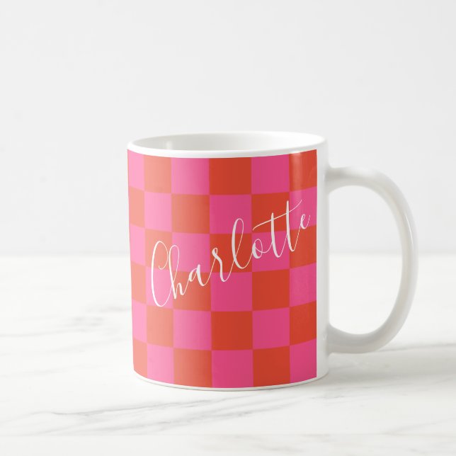 Personalized Pink and Orange Chequerboard Pattern  Coffee Mug (Right)