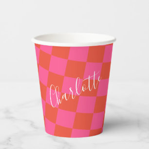 Personalized Pink and Orange Chequerboard Pattern Paper Cups