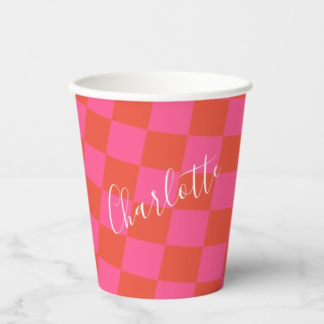 Personalized Pink and Orange Chequerboard Pattern  Paper Cups (Front)