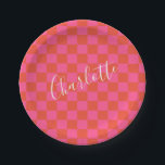 Personalized Pink and Orange Chequerboard Pattern Paper Plate<br><div class="desc">Personalized Pink and Orange Chequerboard Pattern Paper Plate</div>
