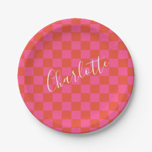 Personalized Pink and Orange Chequerboard Pattern Paper Plate