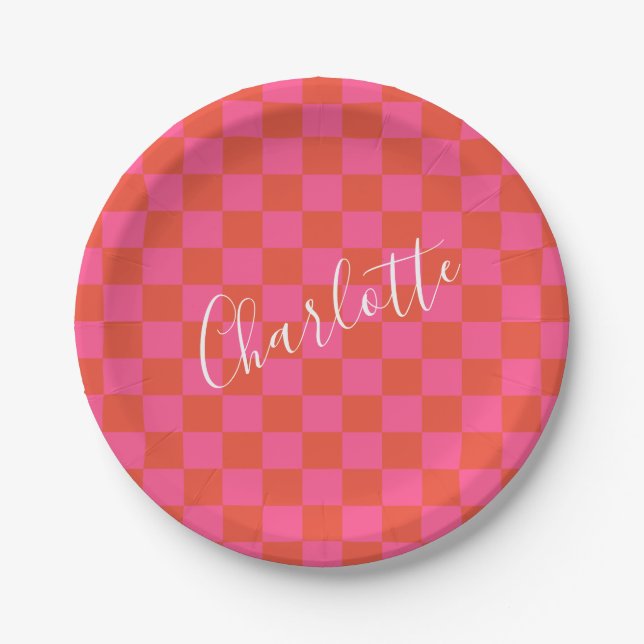 Personalized Pink and Orange Chequerboard Pattern Paper Plate (Front)