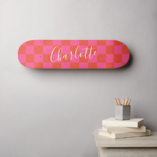 Personalized Pink and Orange Chequerboard Pattern  Skateboard